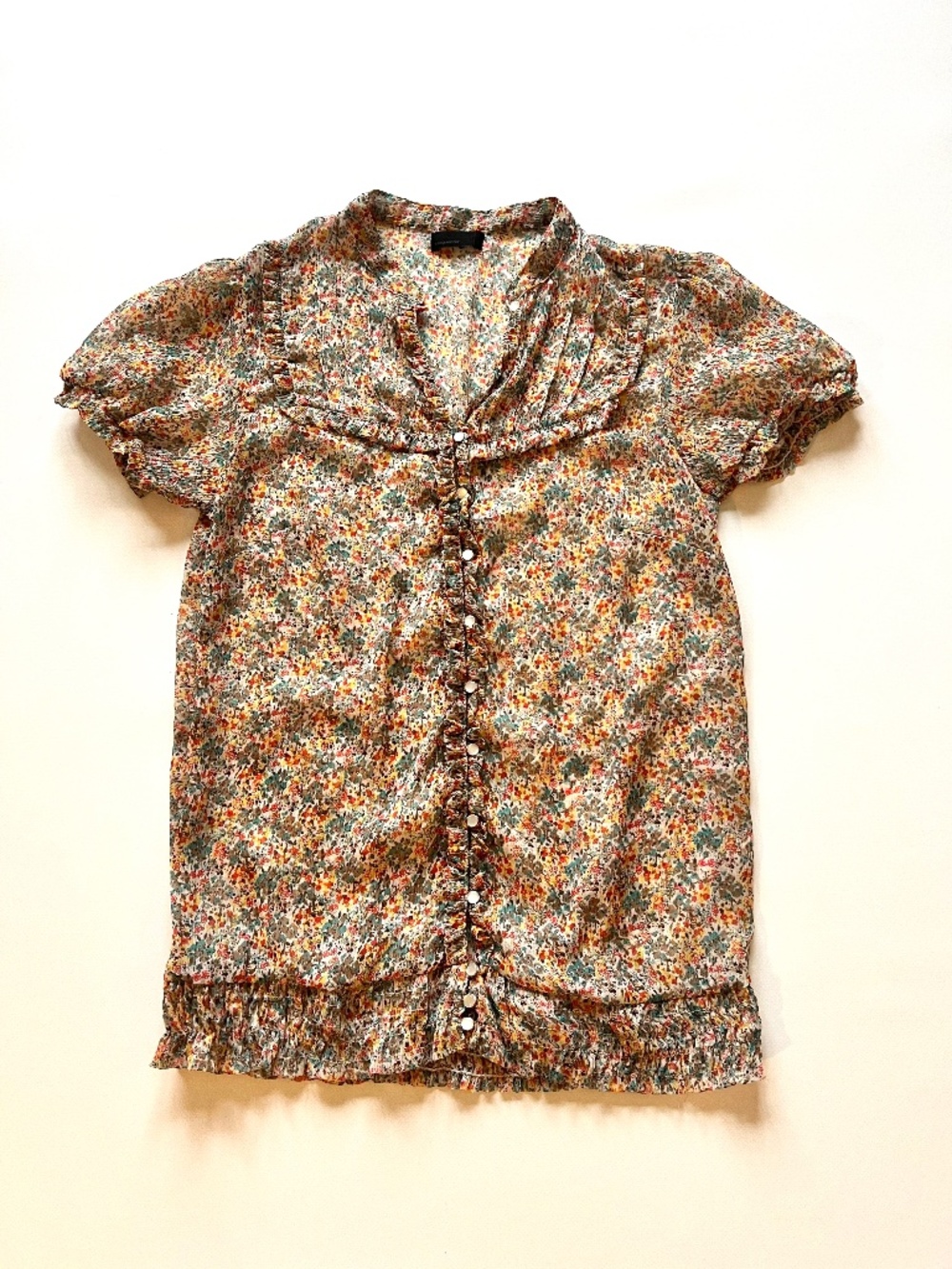 Floral Ditsy Print Ruffle Short Sleeve Top Lightweight Summer Size M